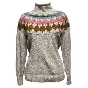 L.L. Bean Women's Nortic Fair Isle Cotton Ragg Pullover cream Sweater Sz S
